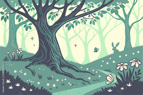 Scenery of a magical woodland, fit for a fairy tale, illuminated by brilliant lights. Generative AI
