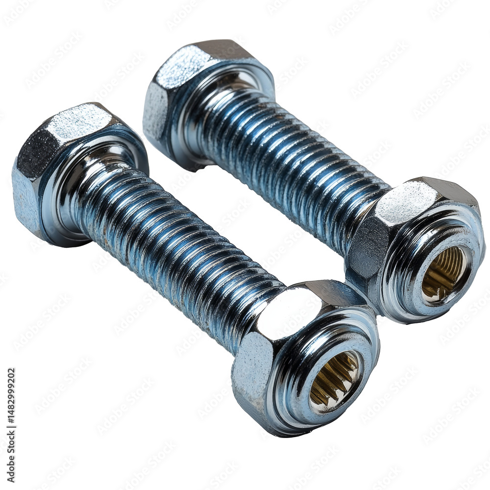 New bolts with nuts, concept of fastener production and sales, isolated on a transparent background New bolts with nuts, concept of fastener production and sales, isolated on a transparent background
