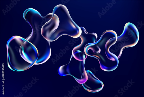 Abstract background of iridescent liquid bubbles. 3D Transparent fluid drops