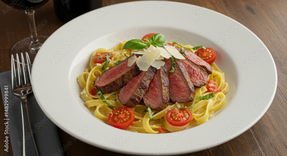 Grilled steak and pasta dish with cherry tomatoes and basil Grilled steak and pasta dish with cherry tomatoes and basil