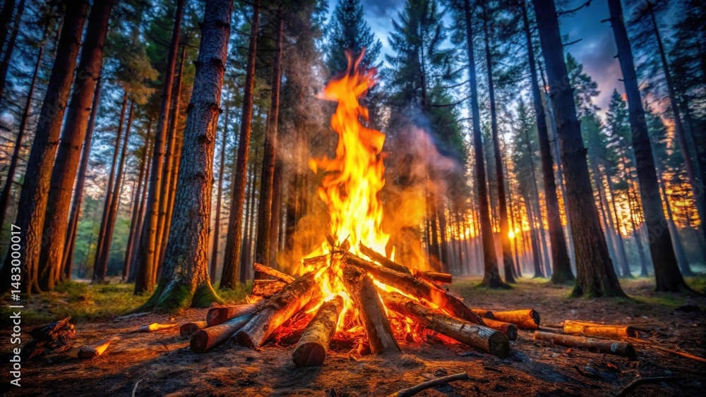 A mesmerizing bonfire burns brightly amidst a dense forest at sunset, casting a warm golden glow on the tall trees and surrounding landscape A mesmerizing bonfire burns brightly amidst a dense forest at sunset, casting a warm golden glow on the tall trees and surrounding landscape
