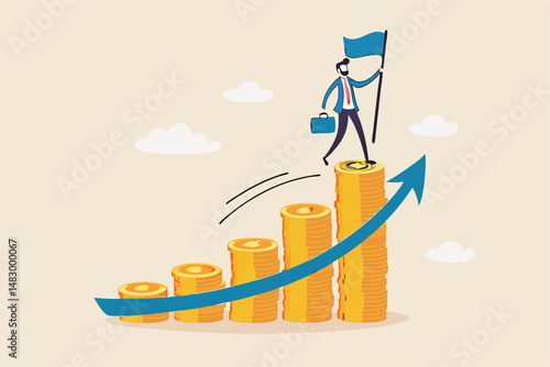 Financial success, profit or compound interest to grow investment fund and reach goal, income or wealth accumulation, stock market earning concept, businessman holding success flag on money stack.