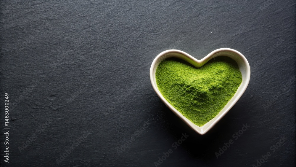 Obraz premium A heart-shaped bowl filled with vibrant green powder sits on a dark surface, a symbol of healthy living and natural goodness