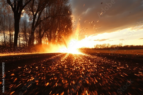 Blazing sunset illuminating the field with trees in background