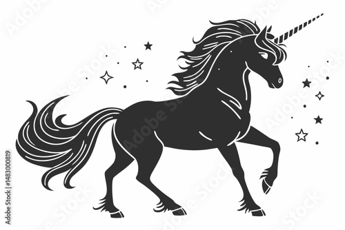 Black shape silhouette of the magical unicorn on the white background
