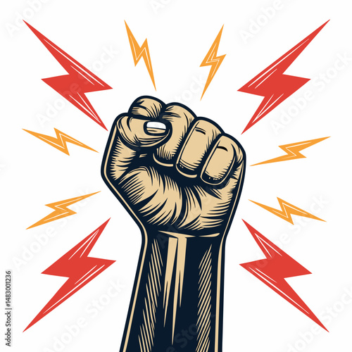 Create a vector illustration of a bold, clenched fist; strong, thick black outline; high detail; impactful;  powerful pose.