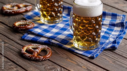 Oktoberfest is represented by beer mugs and pretzels sitting on a wooden table at a beer festival