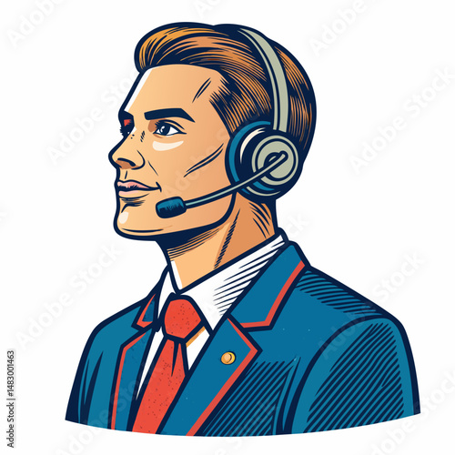 Create a bold, vector illustration of a stylized customer service agent avatar with a thick outline.