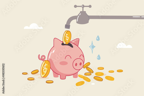 Money leaking, overspending or expense that reducing wealth or saving, fees or debt money loss, bankruptcy or poor, spending concept, faucet with money income flow into broken leaking piggy bank.