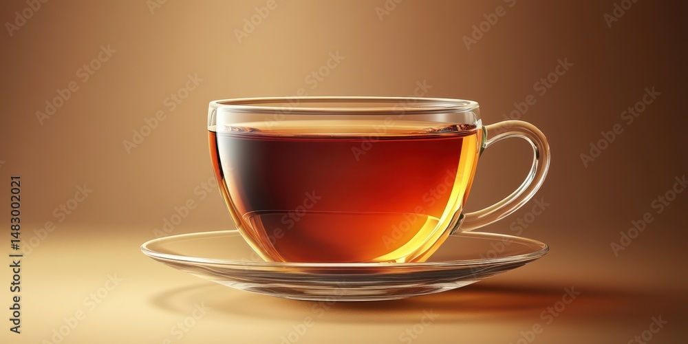 Freshly brewed herbal tea served in a glass cup on a saucer against a warm background Freshly brewed herbal tea served in a glass cup on a saucer against a warm background