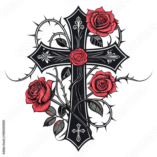 Create a bold, vector illustration of a gothic cross with a stylized 'R' incorporated into the design.  Ensure strong, clean lines and a high-resolution output.