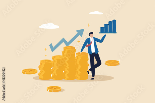 Success investment growth, wealth management, saving or increase income, rich life, earning profit or growing pension fund, prosperity concept, rich businessman with coin stack and growth chart.