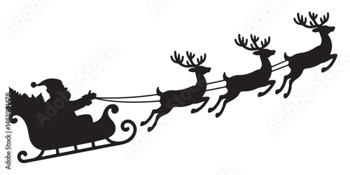 Santa Claus is flying in sleigh with Christmas reindeer silhouettes, Silhouette of Santa Claus, sleigh with Christmas	
