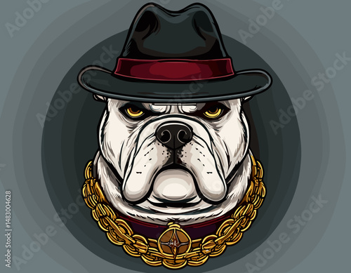 Gangster bulldog mascot with hat and necklace