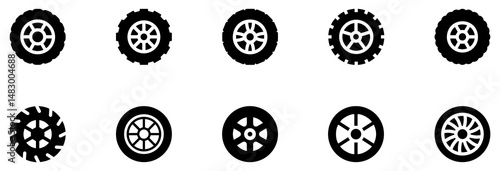 Black rubber wheel tire set. Wheel tires. Car tire tread tracks, motorcycle racing wheels and dirty tires track. Tyres road maintenance vector automobile. Auto wheel tyre. Vector illustration. EPS 10
