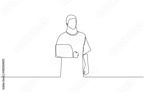 One line drawing of man with broken arm wearing arm splint, Continuous one line drawing of man with broken arm wearing arm splint lying on a bed in the hospital.