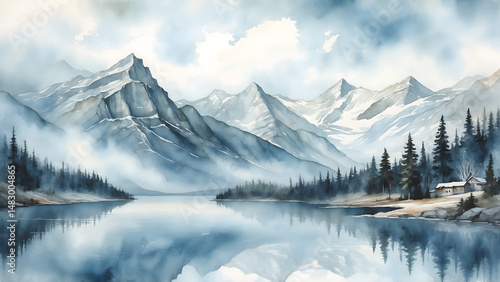 Wallpaper Mural Tranquil mountain landscape with mist over lake and pine trees   Torontodigital.ca