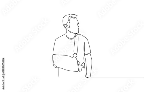 One line drawing of man with broken arm wearing arm splint, Continuous one line drawing of man with broken arm wearing arm splint lying on a bed in the hospital.