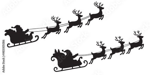 Santa Claus is flying in sleigh with Christmas reindeer silhouettes, Silhouette of Santa Claus, sleigh with Christmas	
