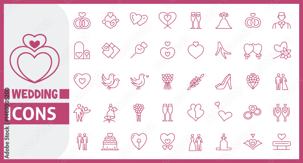 Elegant Line Icon Set in Linear Style Featuring Wedding Themed Symbols Including Bride, Groom, Lovers, Wedding Rings, Cake, and Car in Conceptual Outline Design Elegant Line Icon Set in Linear Style Featuring Wedding Themed Symbols Including Bride, Groom, Lovers, Wedding Rings, Cake, and Car in Conceptual Outline Design
