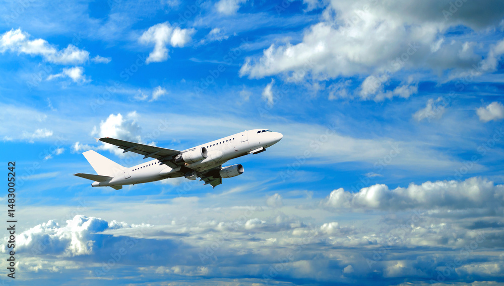 White airplane flying in the blue sky among colorful clouds, air travel background with flying airplane White airplane flying in the blue sky among colorful clouds, air travel background with flying airplane