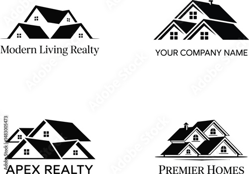 Four real estate logos featuring stylized house illustrations in black and white design elements