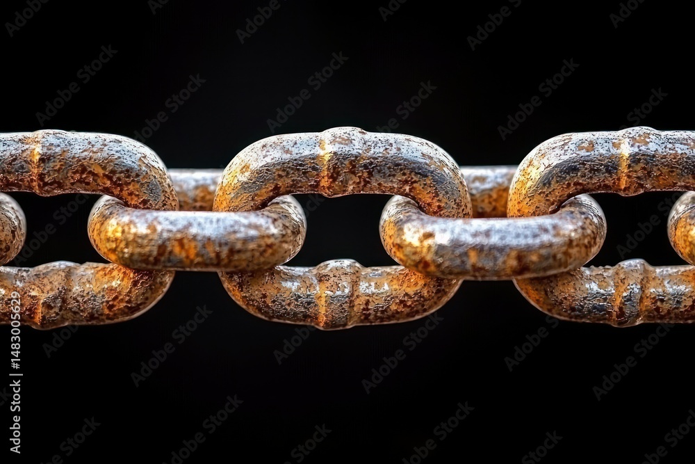 Rusty chain link against a dark backdrop in close-up Rusty chain link against a dark backdrop in close-up