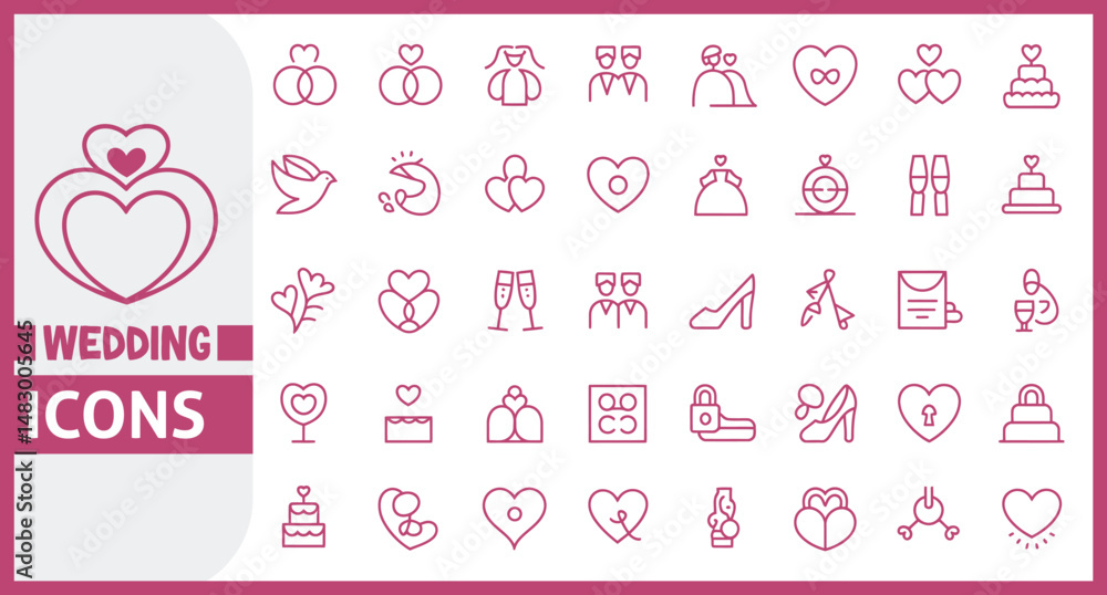 Elegant Line Icon Set in Linear Style Featuring Wedding Themed Symbols Including Bride, Groom, Lovers, Wedding Rings, Cake, and Car in Conceptual Outline Design Elegant Line Icon Set in Linear Style Featuring Wedding Themed Symbols Including Bride, Groom, Lovers, Wedding Rings, Cake, and Car in Conceptual Outline Design