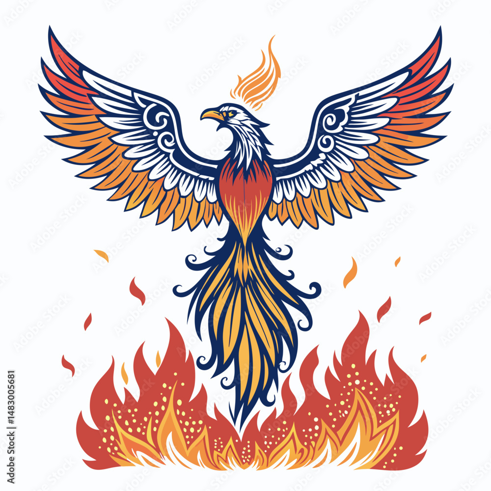 Obraz premium Create a bold, vector illustration of a phoenix rising from ashes, emphasizing vibrant colors and strong lines. Include detailed feather texture.