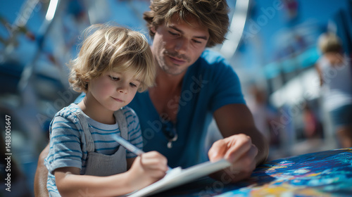 A child drawing an amusement park while man watches with pride