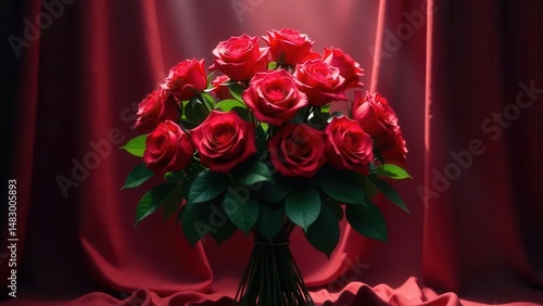 A dozen deep red roses elegantly arranged, bathed in soft light against a rich crimson backdrop.