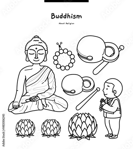 This illustration is about Buddhism. It is a wooden table, a bead, and a lotus used in Buddhas, monks, and temples.	
