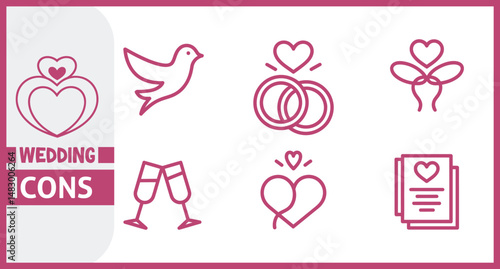 Elegant Line Icon Set in Linear Style Featuring Wedding Themed Symbols Including Bride, Groom, Lovers, Wedding Rings, Cake, and Car in Conceptual Outline Design