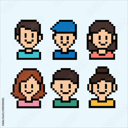 Pixel family-style character avatars with vintage charm on creamy pastel background