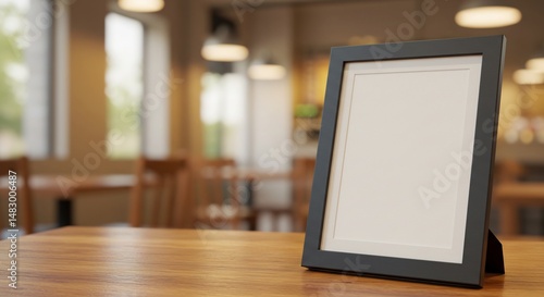 Wallpaper Mural Blank black vertical picture frame with mat stands on a wooden table in a bright, modern cafe. Blurred sunlit interior provides a perfect backdrop for showcasing artwork, menus, or promotional signs. Torontodigital.ca