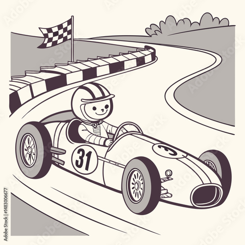 cat riding racer formula one car in retro vintage art style vector illustration