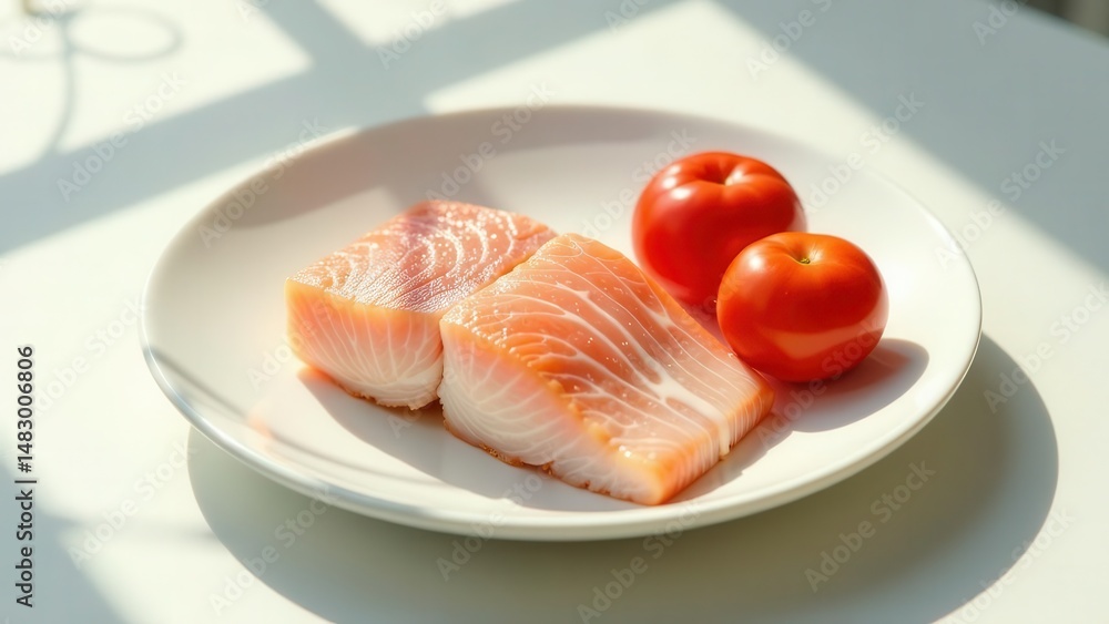 Two succulent salmon steaks, accompanied by two ripe tomatoes, arranged on a pristine white plate, bathed in sunlight. Two succulent salmon steaks, accompanied by two ripe tomatoes, arranged on a pristine white plate, bathed in sunlight.