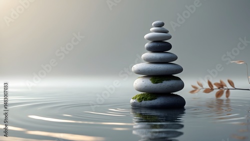 Zen Serenity: A tranquil composition showcasing a balanced stack of stones rising from serene water, inviting a sense of peace and balance.