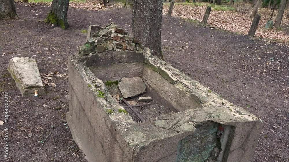 A decayed concrete grave with rubble and moss inside sits in a forest Jewish cemetery, surrounded by dry leaves, soil, and other worn gravestones.
A decayed concrete grave with rubble and moss inside sits in a forest Jewish cemetery, surrounded by dry leaves, soil, and other worn gravestones.