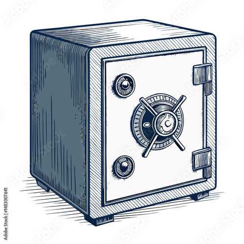 Create a vector illustration of a bold, heavily outlined safe box with a combination lock, emphasizing strong, clean lines.  Include details like a sturdy handle and a realistic combination dial.