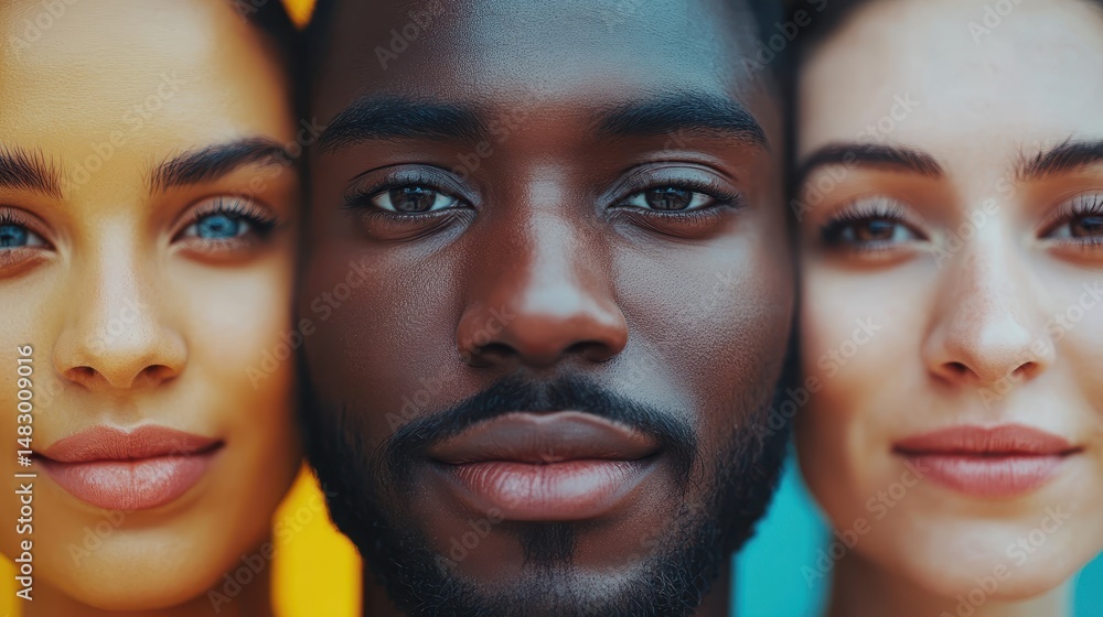 Diverse young adults close-up portraits against vibrant backgrounds Diverse young adults close-up portraits against vibrant backgrounds