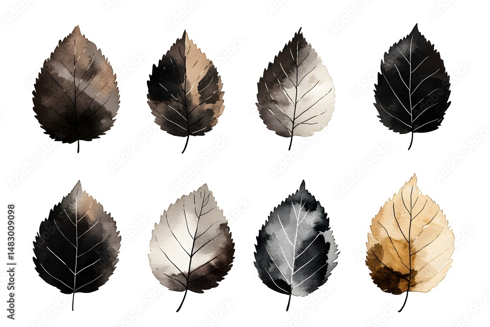 Obraz premium Watercolor Painting of Eight Abstract Leaves in Brown, Black, and White Tones