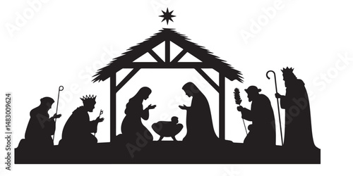 set of vector style Christmas nativity scene silhouette icon