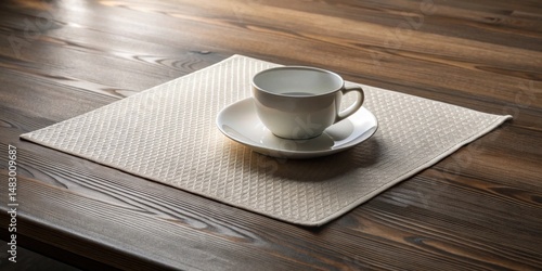 A single, empty porcelain teacup rests on a beige placemat atop a dark wood table, bathed in soft, natural light