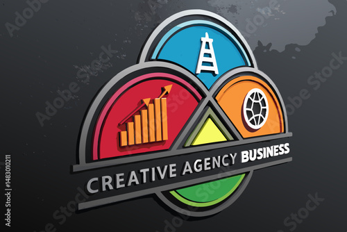 Vibrant vector illustration of a creative agency, showcasing bold colors and dynamic shapes representing innovation and collaboration.  Ideal for marketing materials.