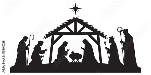 set of vector style Christmas nativity scene silhouette icon