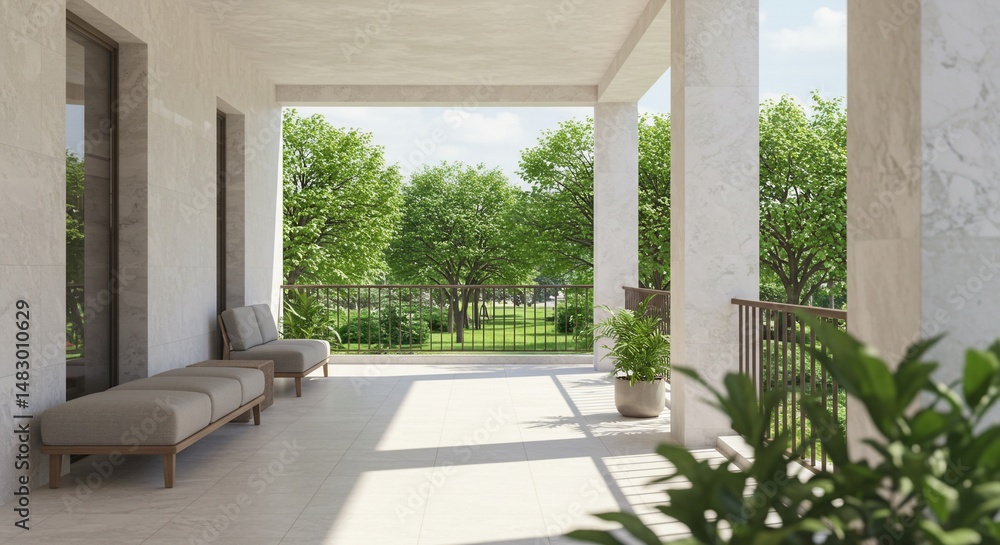 Obraz premium 穏やか日差し 緑輝く庭 広々テラス