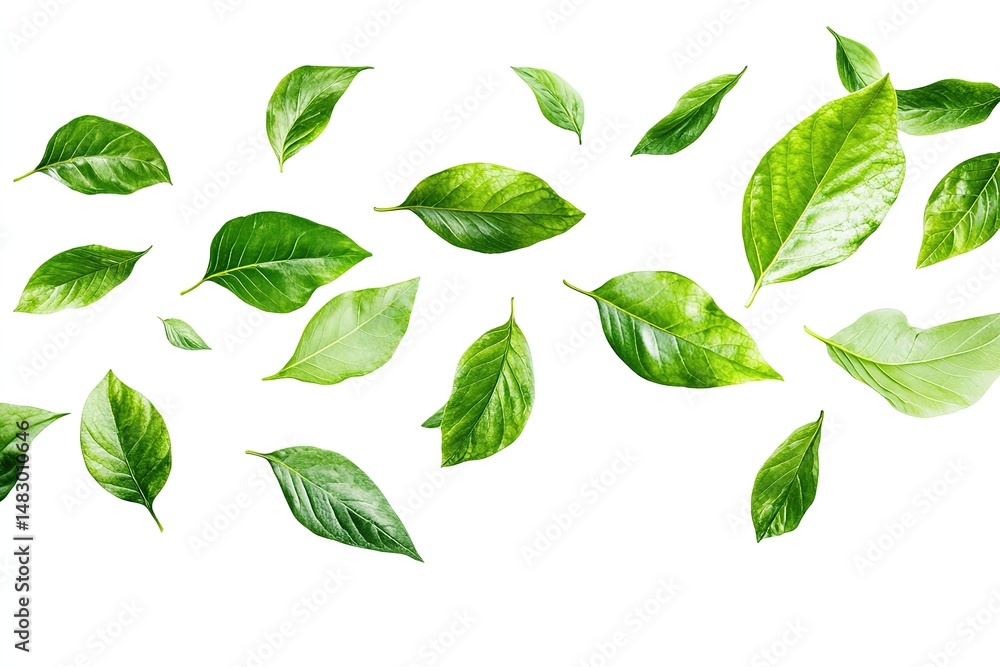 Scattered fresh green leaves arranged on a clean white background creating a natural pattern Scattered fresh green leaves arranged on a clean white background creating a natural pattern