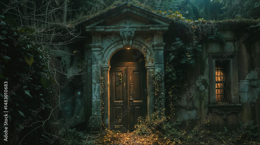Fototapeta premium Ancient stone entrance with wooden doors partially covered by ivy, nestled in a forest. Mysterious arched doorway illuminated by warm light inside, with mossy roof and weathered facade
