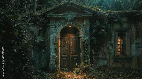 Ancient stone entrance with wooden doors partially covered by ivy, nestled in a forest. Mysterious arched doorway illuminated by warm light inside, with mossy roof and weathered facade